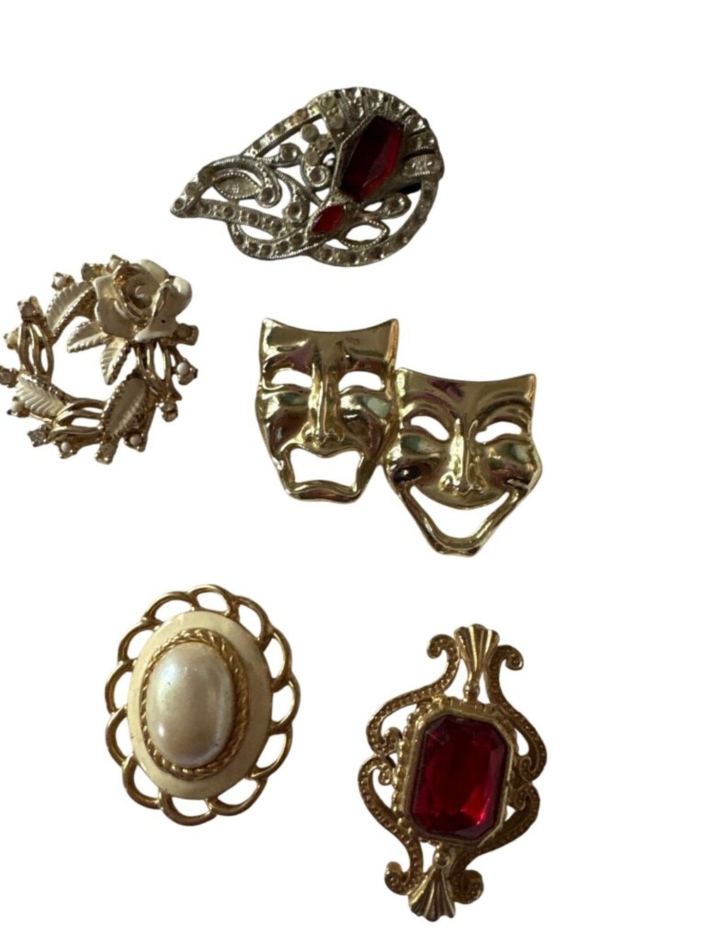 Vintage Gold-Tone Brooch Pin Set With Red Gemstone Faux Pearl & Theater Mask Des